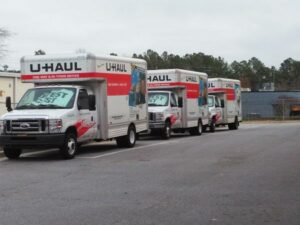 U-Haul trucks parked at Pleasantdale Self Storage in Alpharetta, GA.