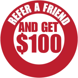 "Refer a Friend and Get $100" graphic.